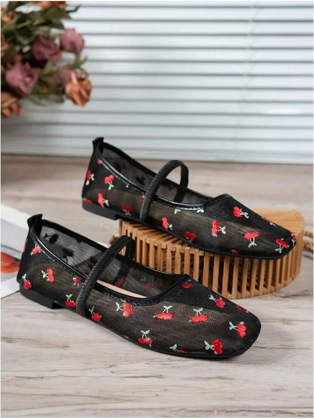 Womens Black Red Mesh Ballet Flats Lace Bow Square Toe Wedding Dressy Work Shoes